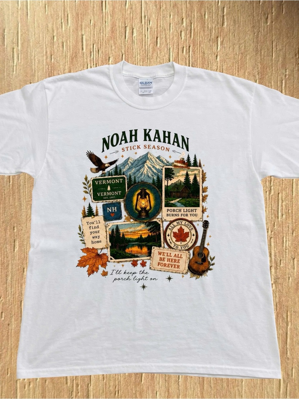 Gildan White Noah Kahan Tour Graphic Tee - Nature Patchwork Stick Season
